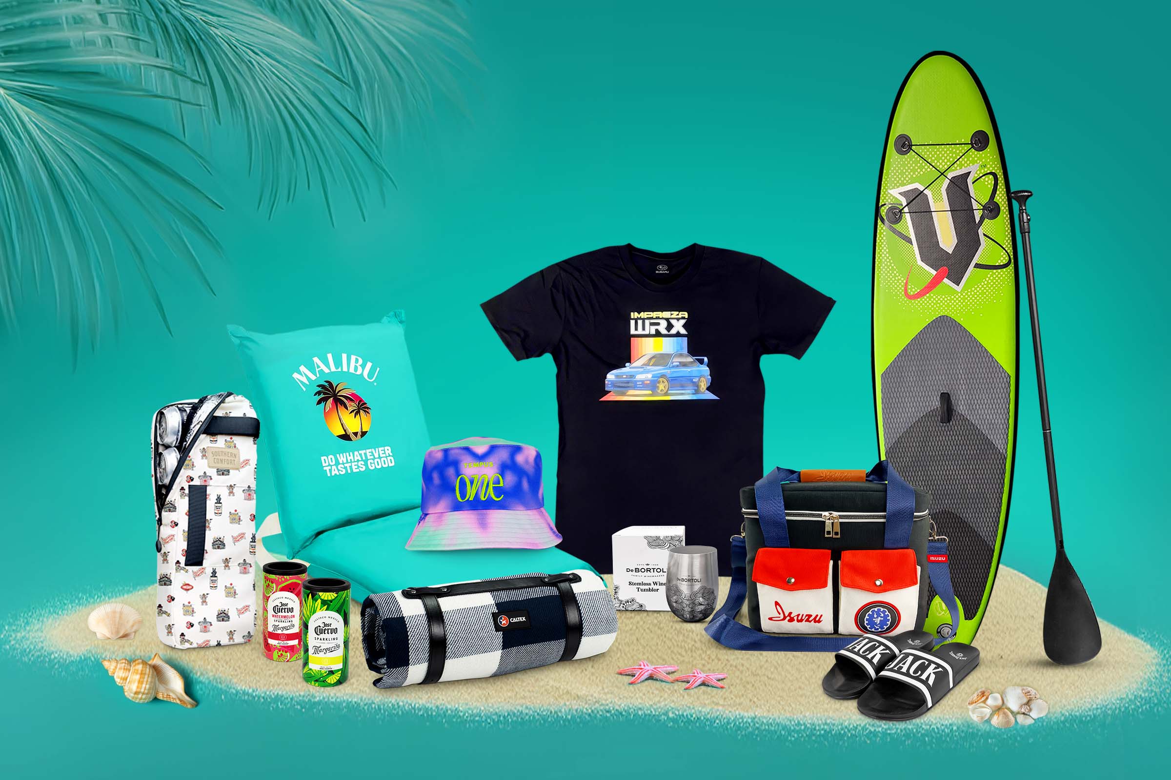 Colourful collection of branded summer event merch laid out for attendees
